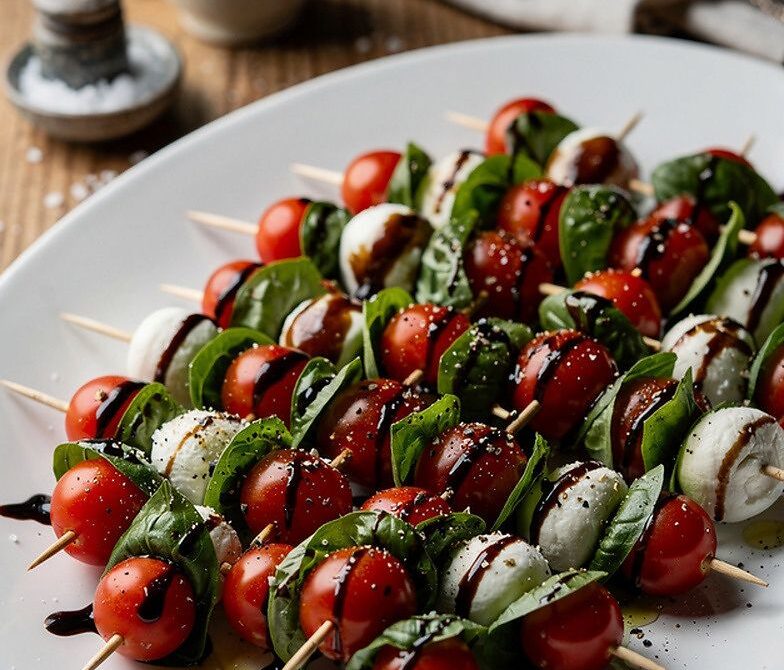 Caprese Skewer Platter With Balsamic Glaze and Basil