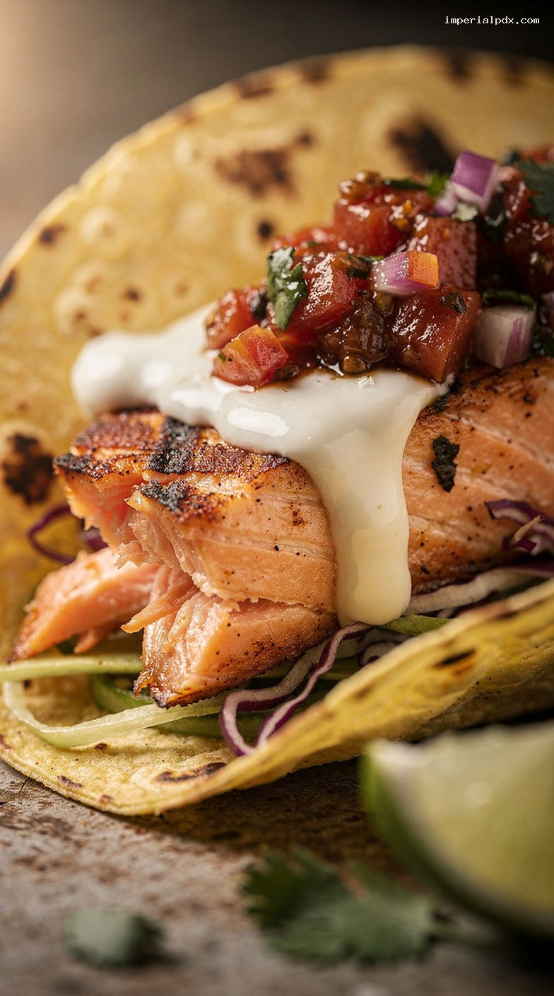 Cedar-Plank Grilled Salmon Tacos With Lime Crema and Smoky Salsa – Closeup