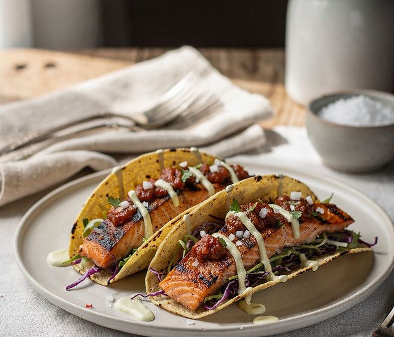 Cedar-Plank Grilled Salmon Tacos With Lime Crema and Smoky Salsa