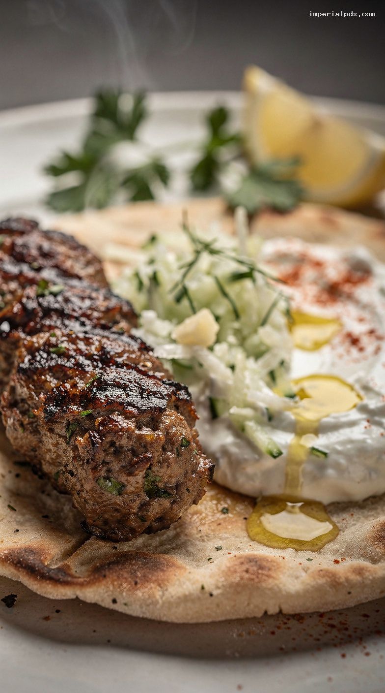 Char-Grilled Lamb Kofta With Yogurt Cucumber Sauce – Closeup