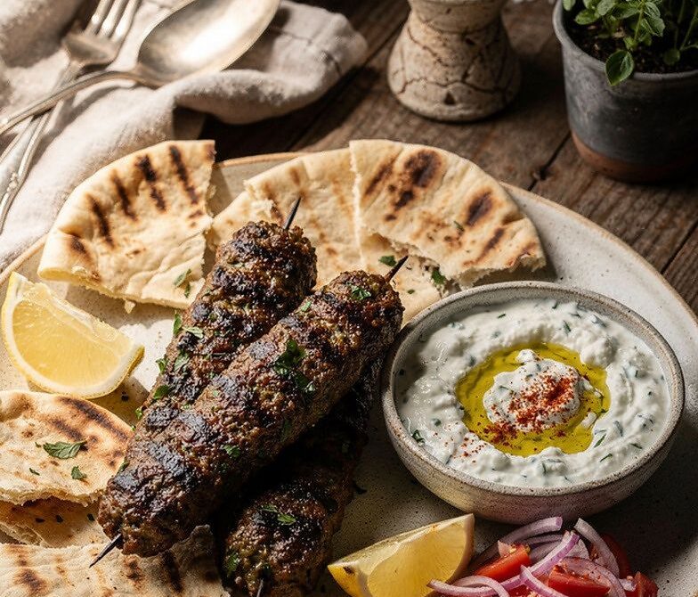 Char-Grilled Lamb Kofta With Yogurt Cucumber Sauce