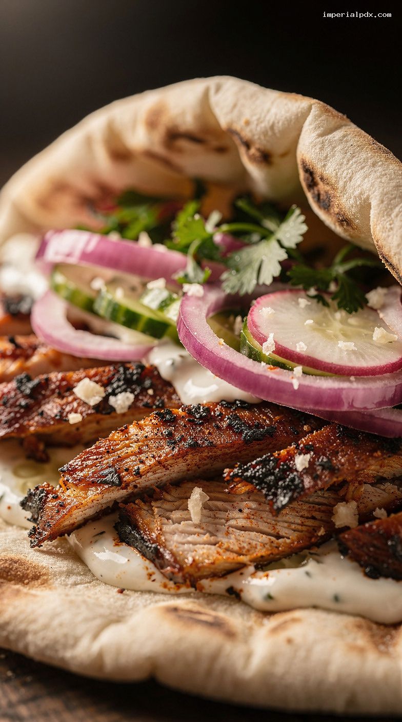Charcoal-Grilled Chicken Shawarma Thighs With Garlic Sauce and Pickles – Closeup