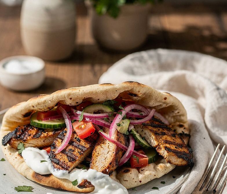 Charcoal-Grilled Chicken Shawarma Thighs With Garlic Sauce and Pickles