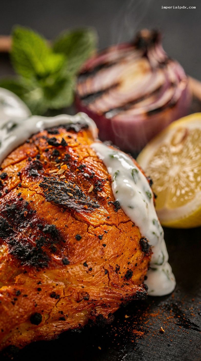 Charcoal-Grilled Tandoori Chicken With Mint Yogurt and Onions – Closeup