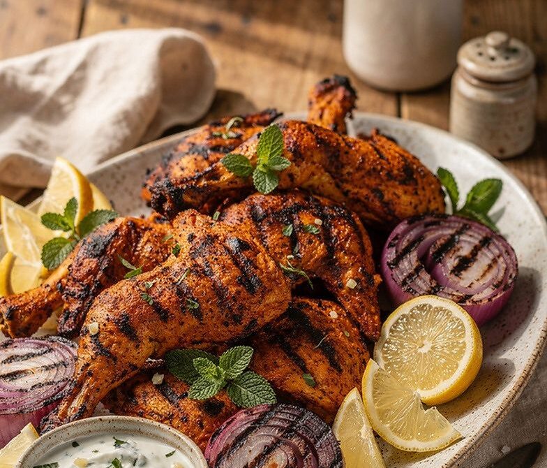 Charcoal-Grilled Tandoori Chicken With Mint Yogurt and Onions