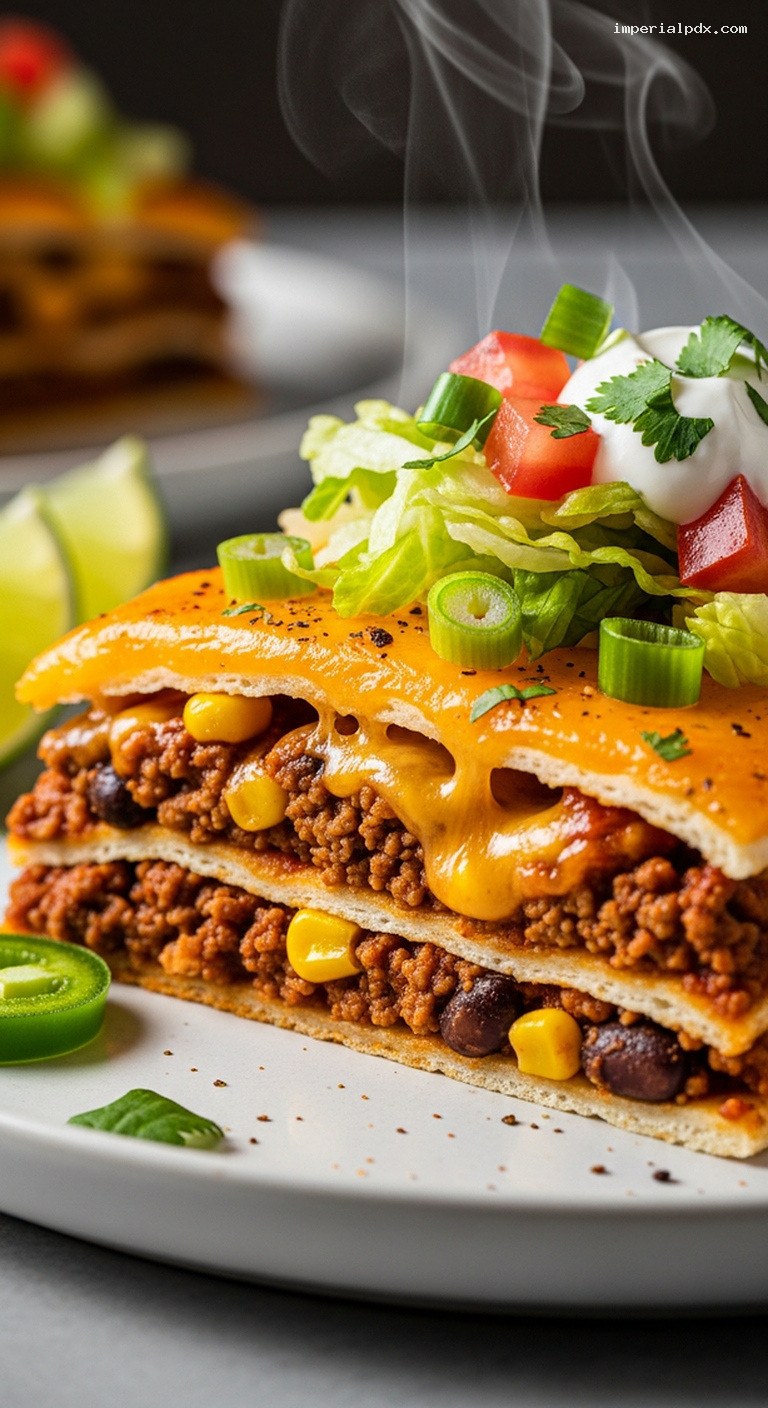 Cheesy Beef and Bean Tortilla Pie – Closeup
