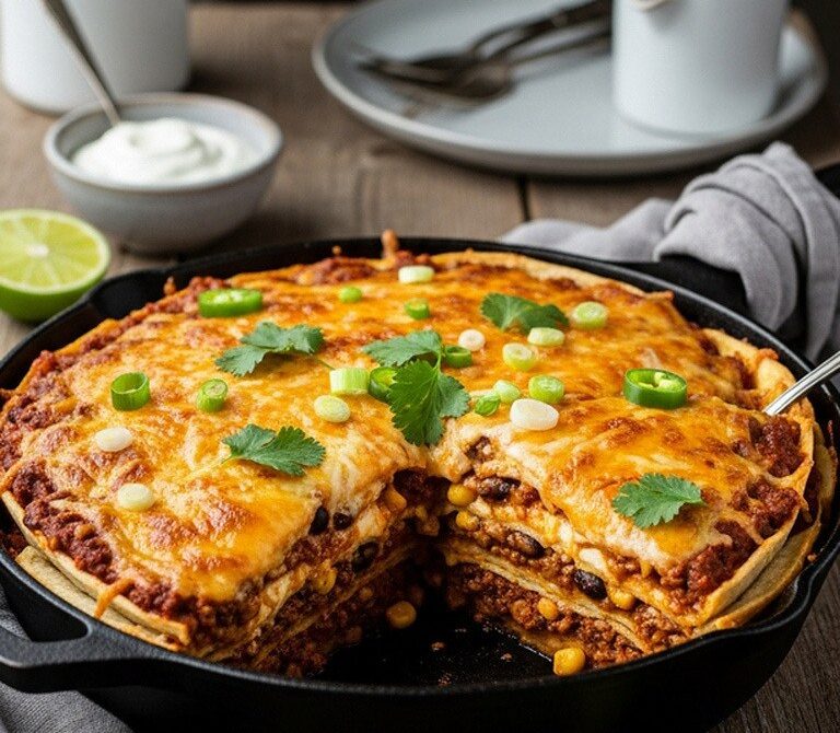 Cheesy Beef and Bean Tortilla Pie