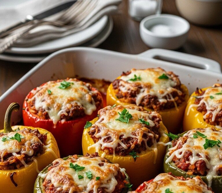 Cheesy Beef and Rice Stuffed Bell Peppers