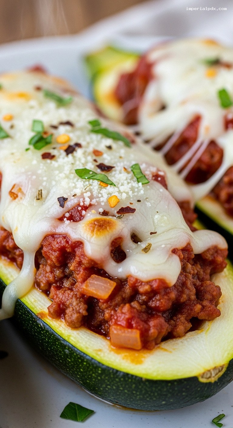 Cheesy Beef Stuffed Zucchini Boats – Closeup