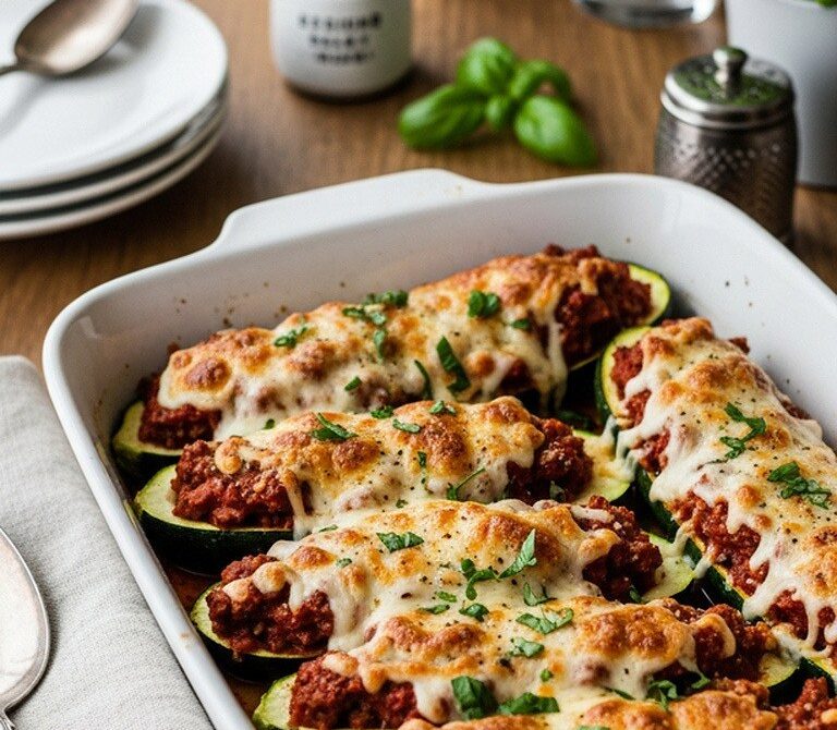 Cheesy Beef Stuffed Zucchini Boats
