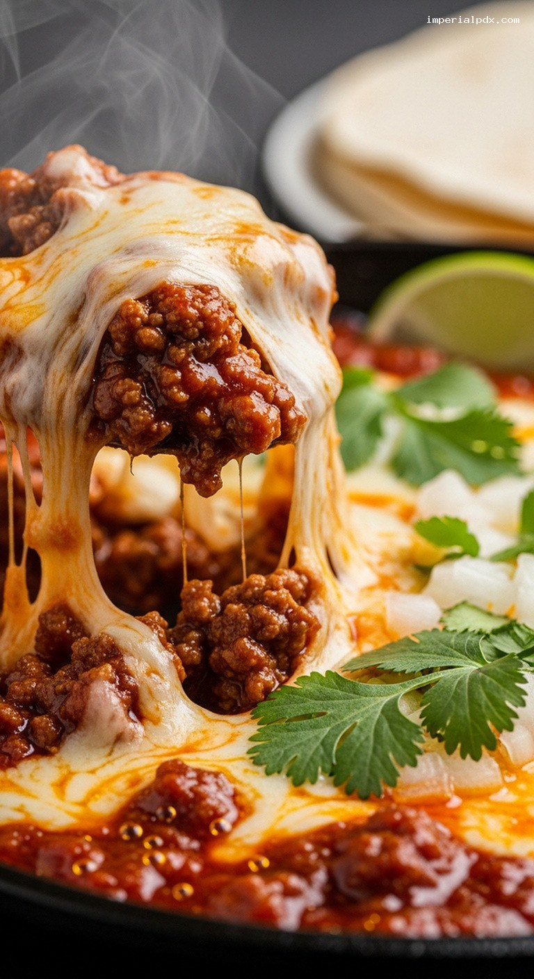 Cheesy Birria-Style Beef Skillet With Tortillas for Dipping – Closeup