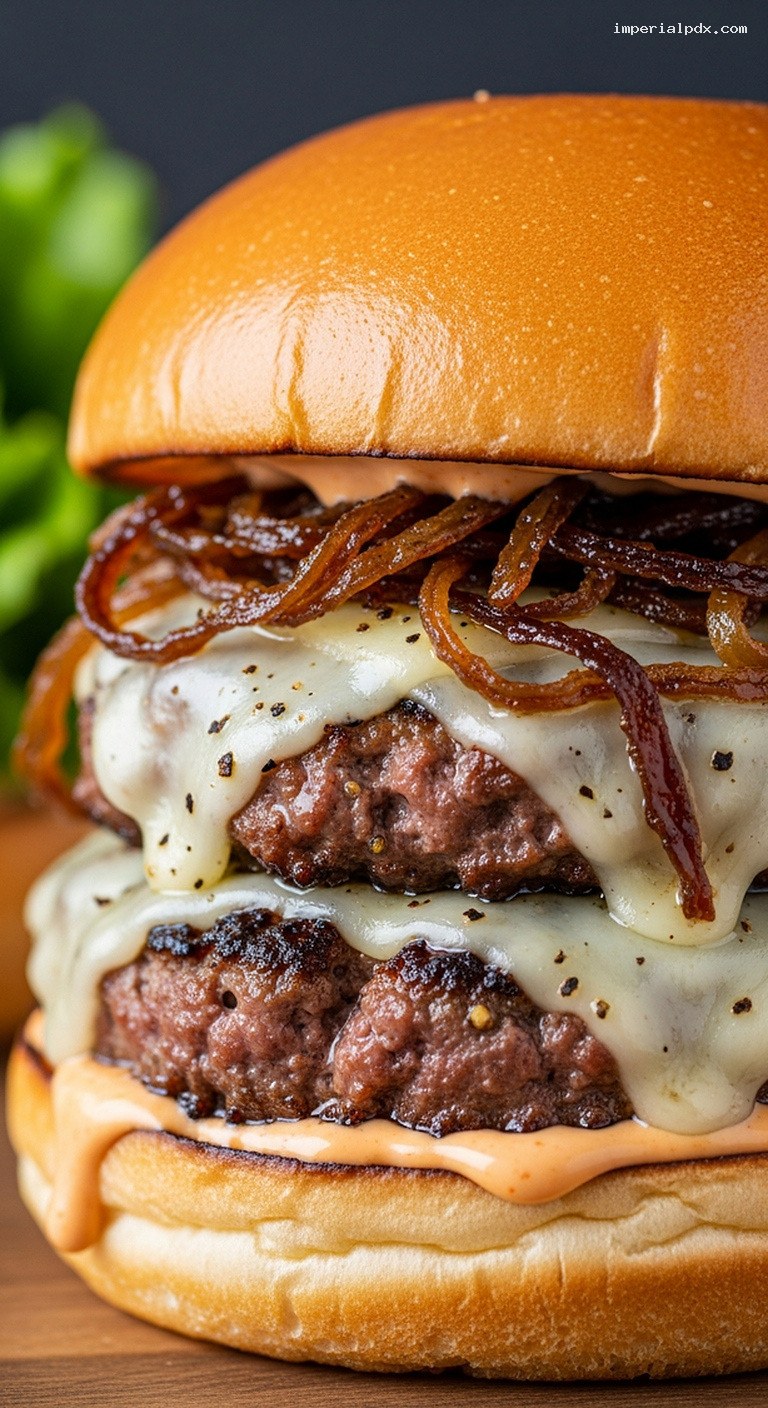 Cheesy Smash Burgers With Caramelized Onions and House Sauce – Closeup