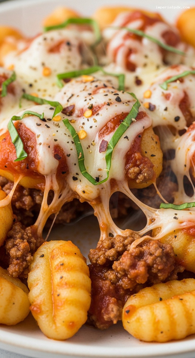 Cheesy Tomato Basil Beef and Gnocchi Skillet – Closeup