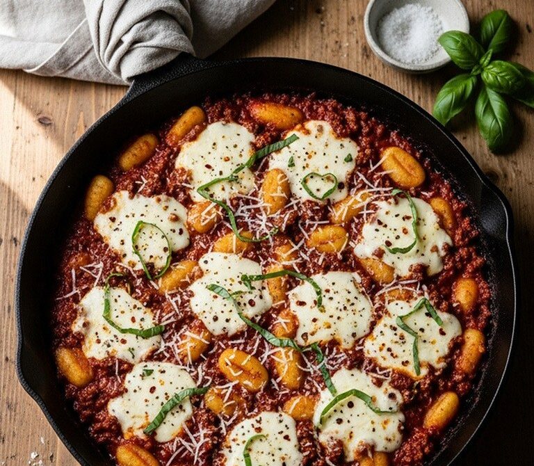 Cheesy Tomato Basil Beef and Gnocchi Skillet