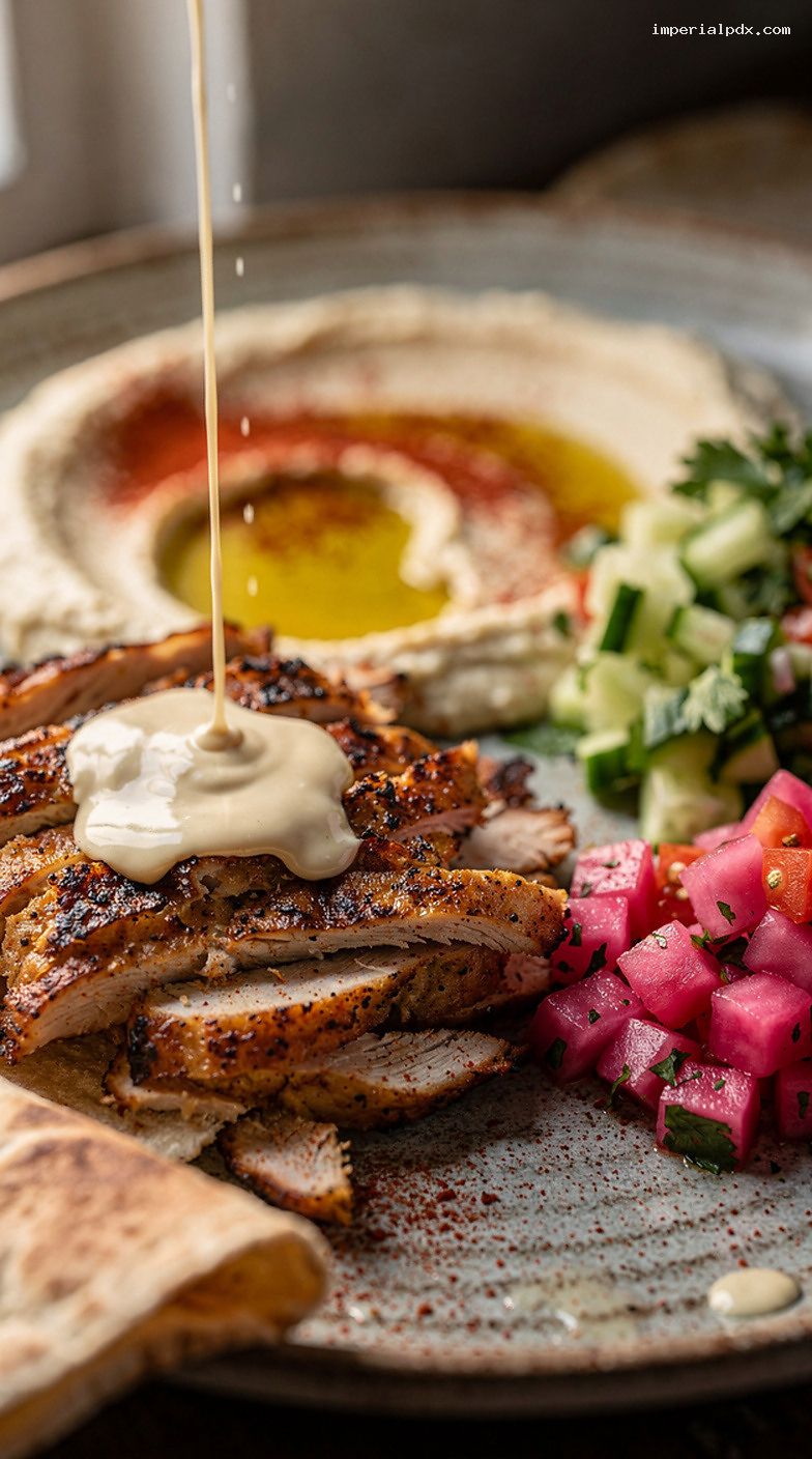 Chicken Shawarma Platter With Hummus, Israeli Salad, Tahini, and Pita – Closeup