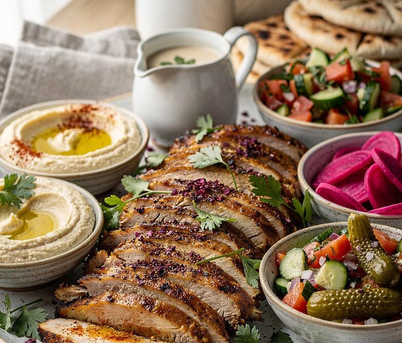 Chicken Shawarma Platter With Hummus, Israeli Salad, Tahini, and Pita