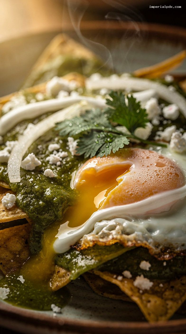 Chilaquiles Verdes With Fried Eggs, Crema, and Queso Fresco – Closeup