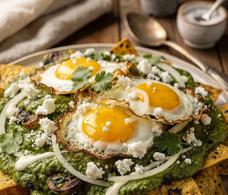 Chilaquiles Verdes With Fried Eggs, Crema, and Queso Fresco