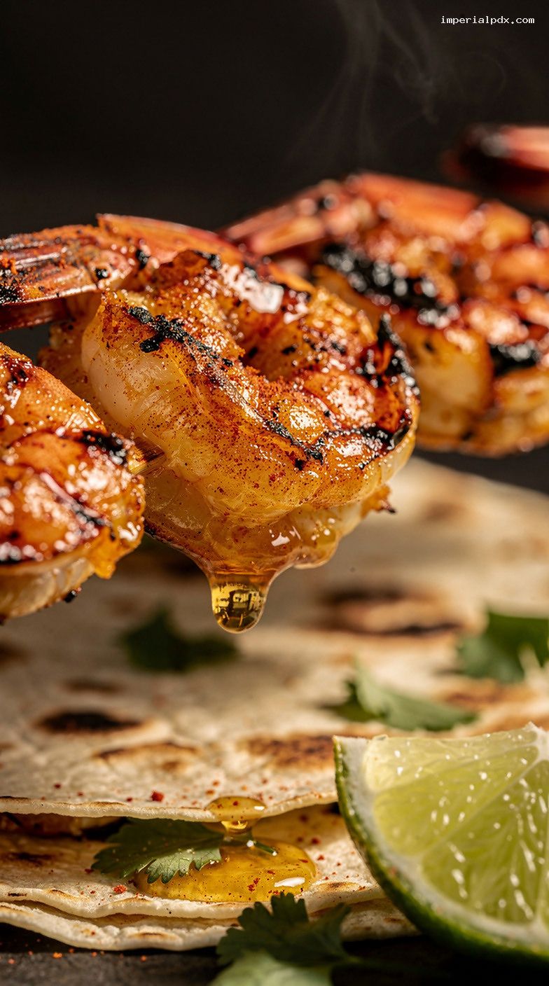 Chili-Lime Butter BBQ Shrimp Skewers with Grilled Tortillas – Closeup