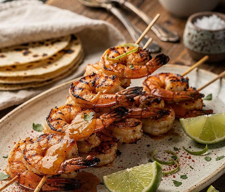 Chili-Lime Butter BBQ Shrimp Skewers with Grilled Tortillas