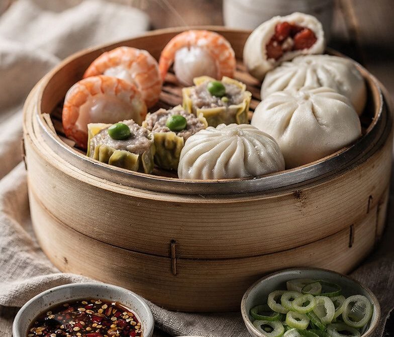 Chinese Dim Sum Sampler With Dumplings, Har Gow, Siu Mai, and Bao