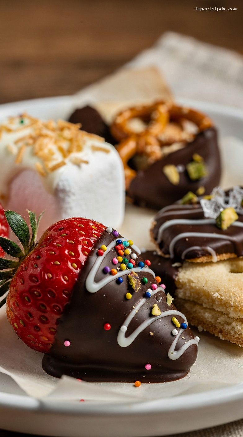 Chocolate-Dipped Dessert Platter With Strawberries, Pretzels, and Shortbread – Closeup