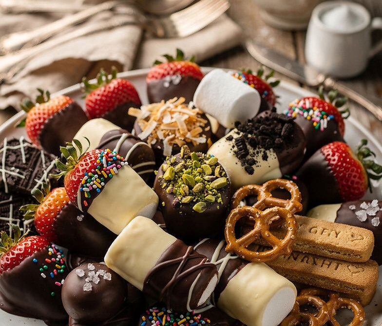 Chocolate-Dipped Dessert Platter With Strawberries, Pretzels, and Shortbread