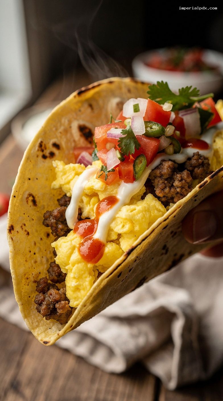 Chorizo and Egg Breakfast Tacos With Pico de Gallo – Closeup