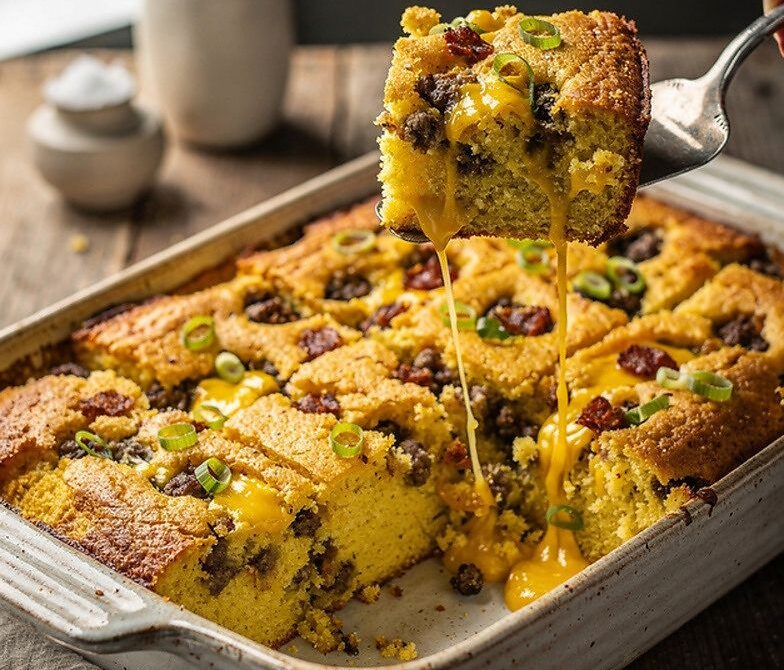 Chorizo Cheddar Breakfast Cornbread Bake with Scallions