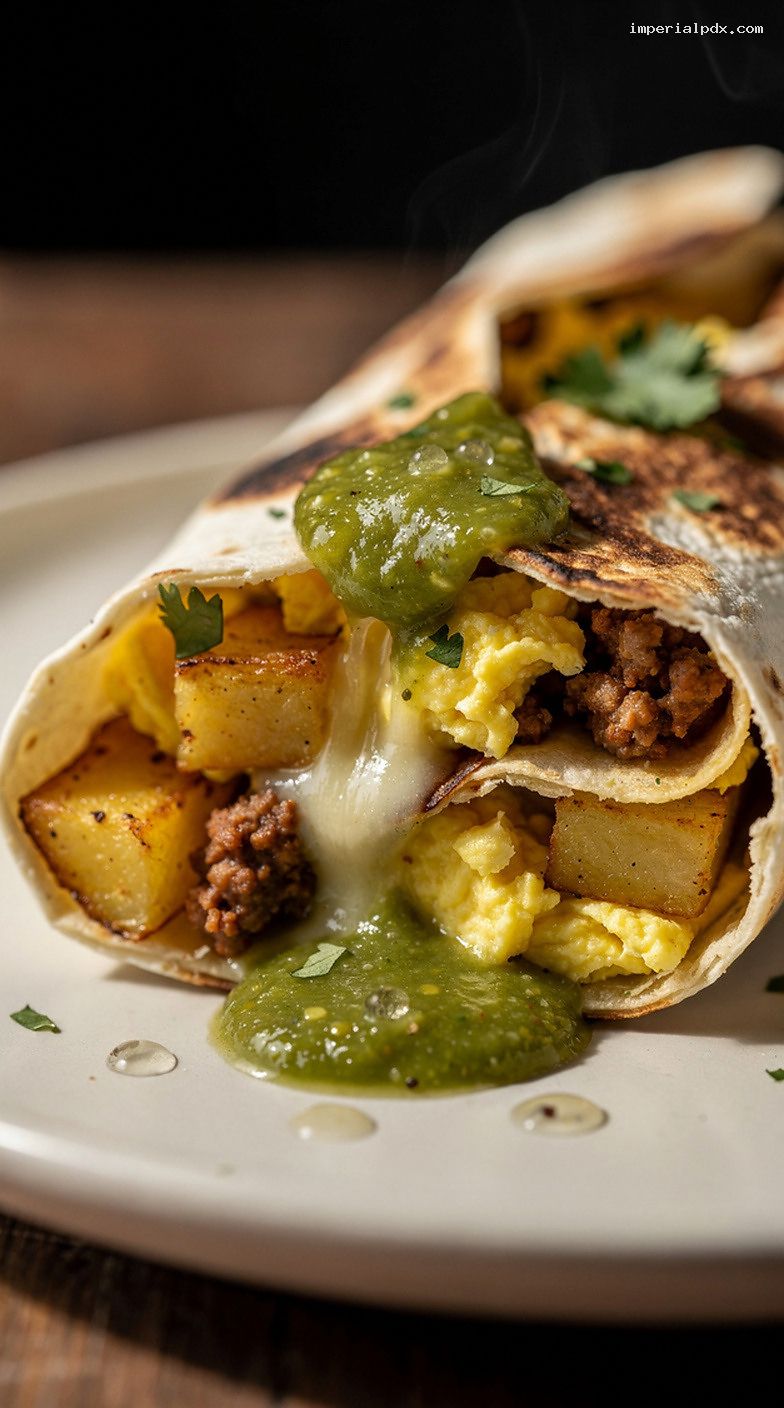 Chorizo Potato Egg Breakfast Burritos With Salsa Verde – Closeup