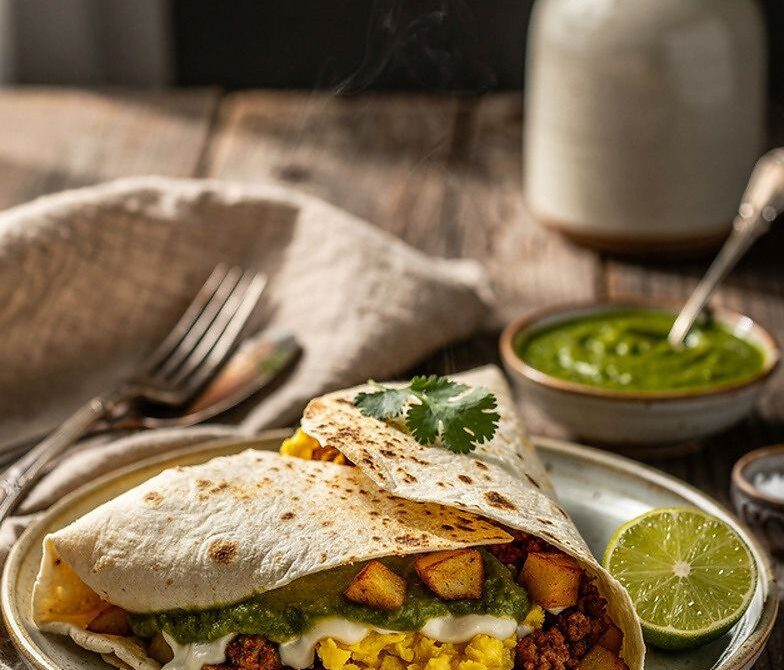 Chorizo Potato Egg Breakfast Burritos With Salsa Verde