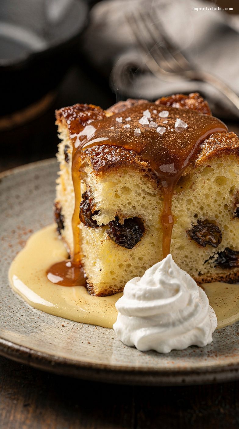 Cinnamon Raisin Bread Pudding With Bourbon Anglaise and Salted Caramel – Closeup
