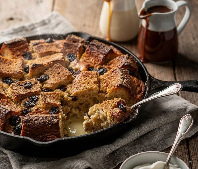 Cinnamon Raisin Bread Pudding With Bourbon Anglaise and Salted Caramel