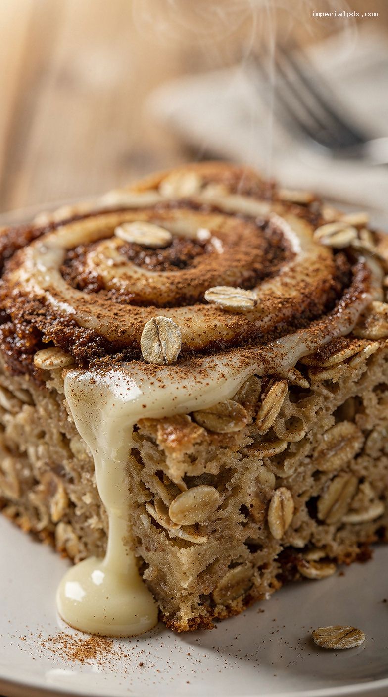 Cinnamon Roll Baked Oatmeal With Cream Cheese Drizzle – Closeup