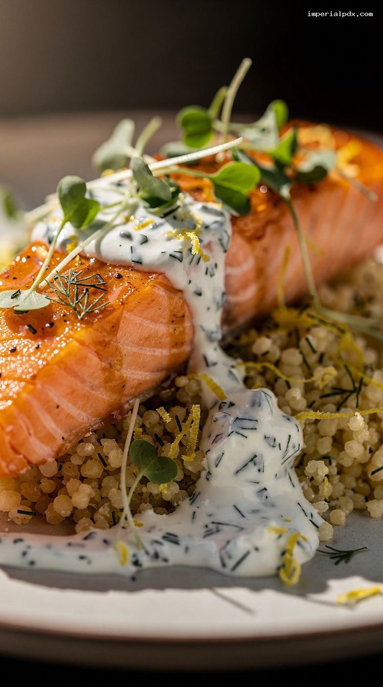 Citrus-Glazed Salmon With Lemon-Dill Couscous and Yogurt Drizzle – Closeup