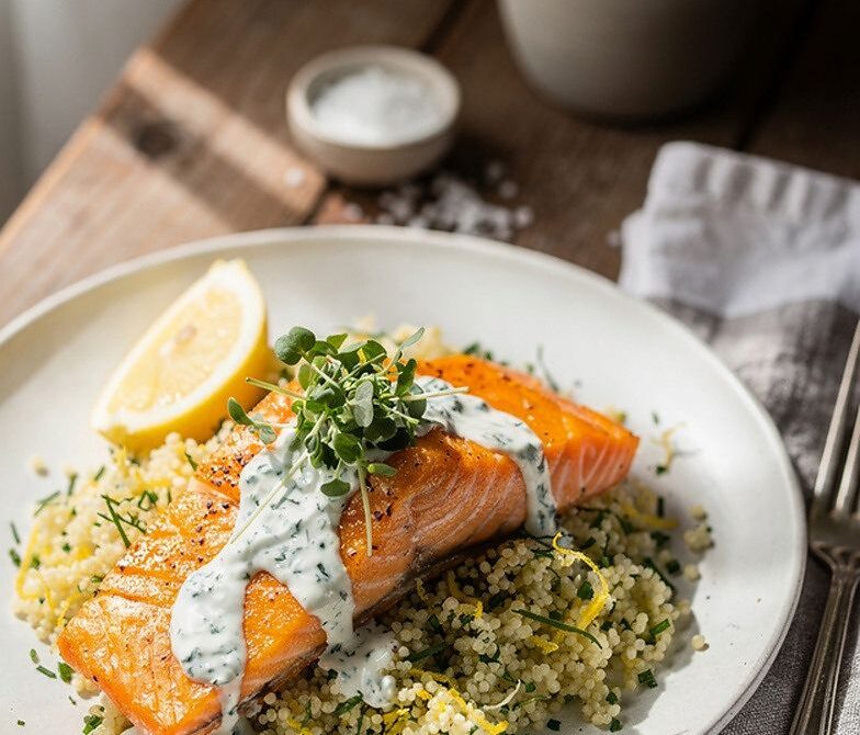 Citrus-Glazed Salmon With Lemon-Dill Couscous and Yogurt Drizzle
