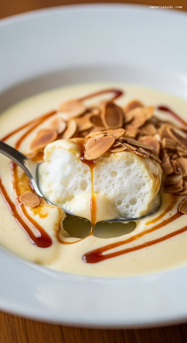 Classic Île Flottante With Vanilla Crème Anglaise – Closeup