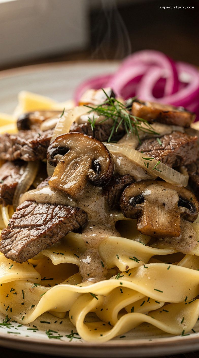 Classic Beef Stroganoff With Egg Noodles and Pickled Onions – Closeup