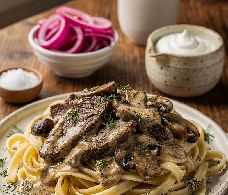 Classic Beef Stroganoff With Egg Noodles and Pickled Onions