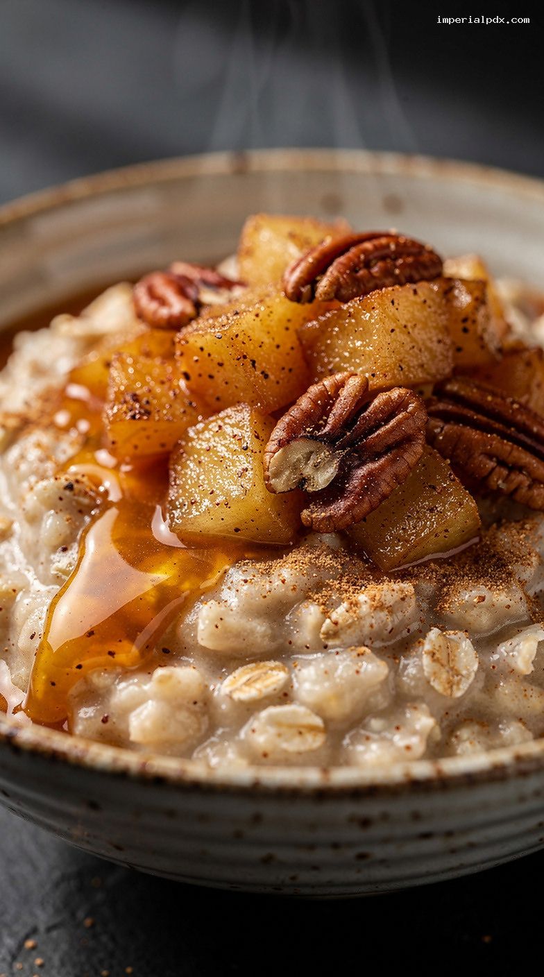Classic Brown Sugar Cinnamon Oatmeal With Sautéed Apples – Closeup