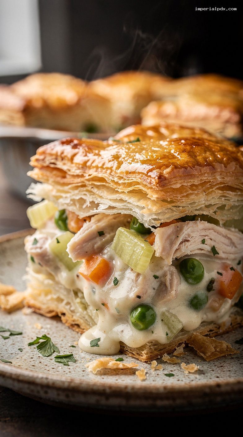 Classic Chicken Pot Pie Tray Bake With Puff Pastry Lid – Closeup