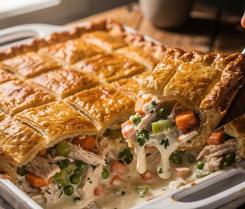 Classic Chicken Pot Pie Tray Bake With Puff Pastry Lid