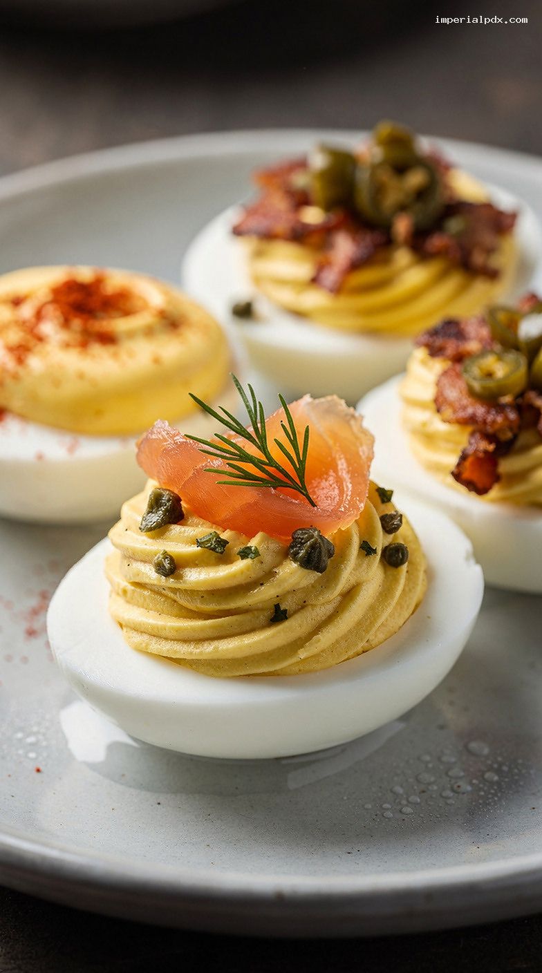 Classic Deviled Eggs Three Ways: Paprika, Smoked Salmon-Dill, Bacon-Jalapeño – Closeup