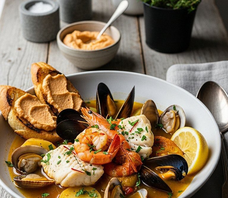 Classic French Bouillabaisse With Rouille and Toasted Baguette