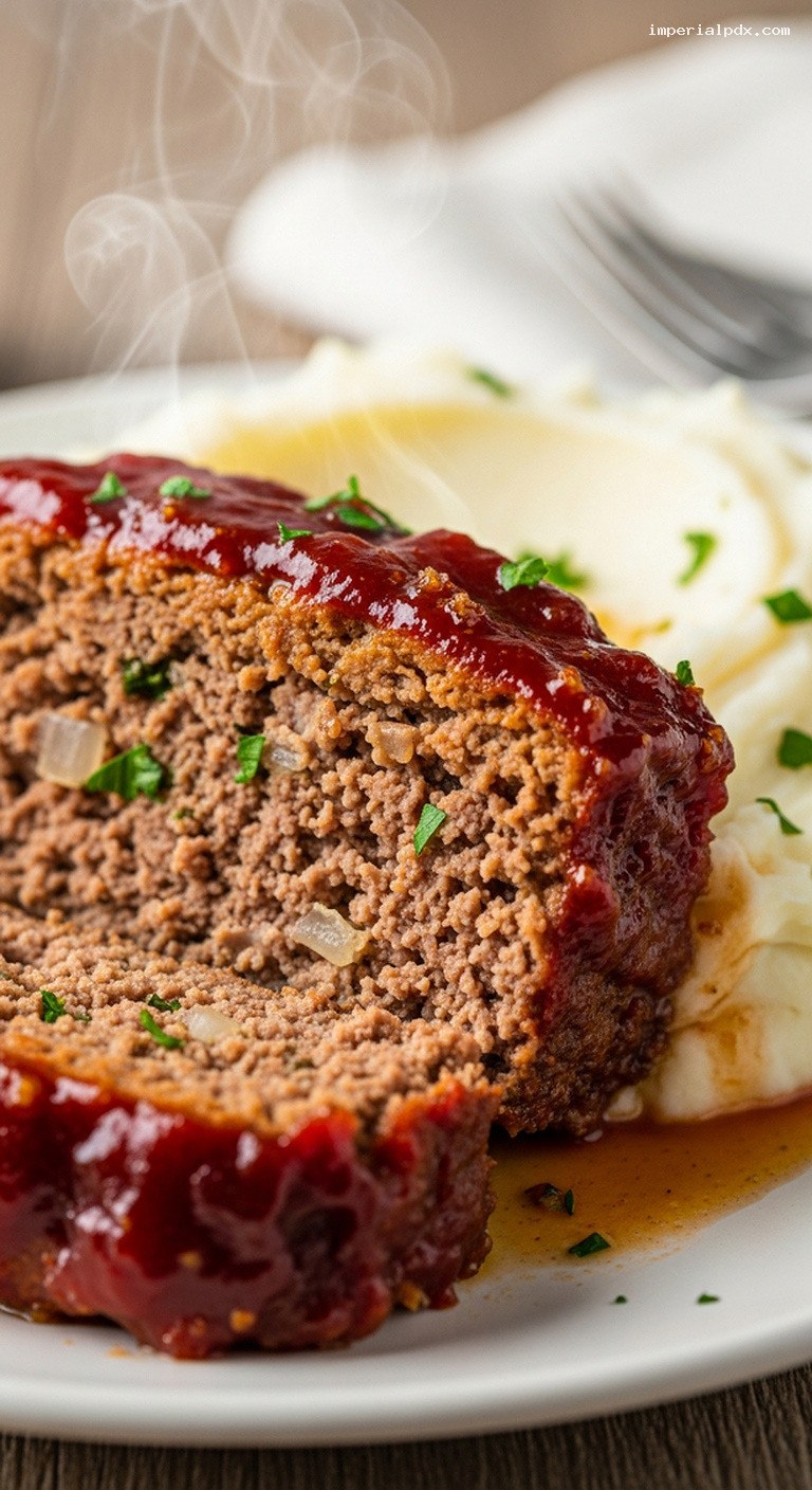 Classic Glazed Meatloaf With Creamy Mashed Potatoes – Closeup