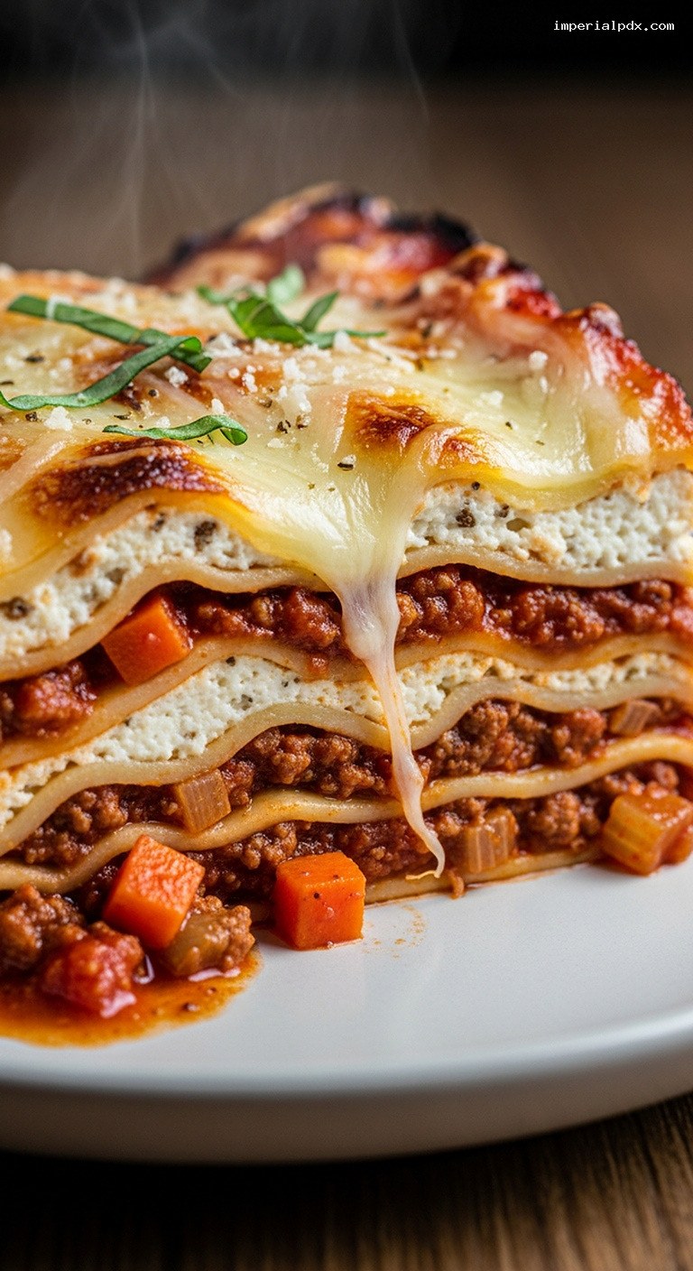 Classic Homemade Beef Lasagna with Ricotta and Mozzarella – Closeup