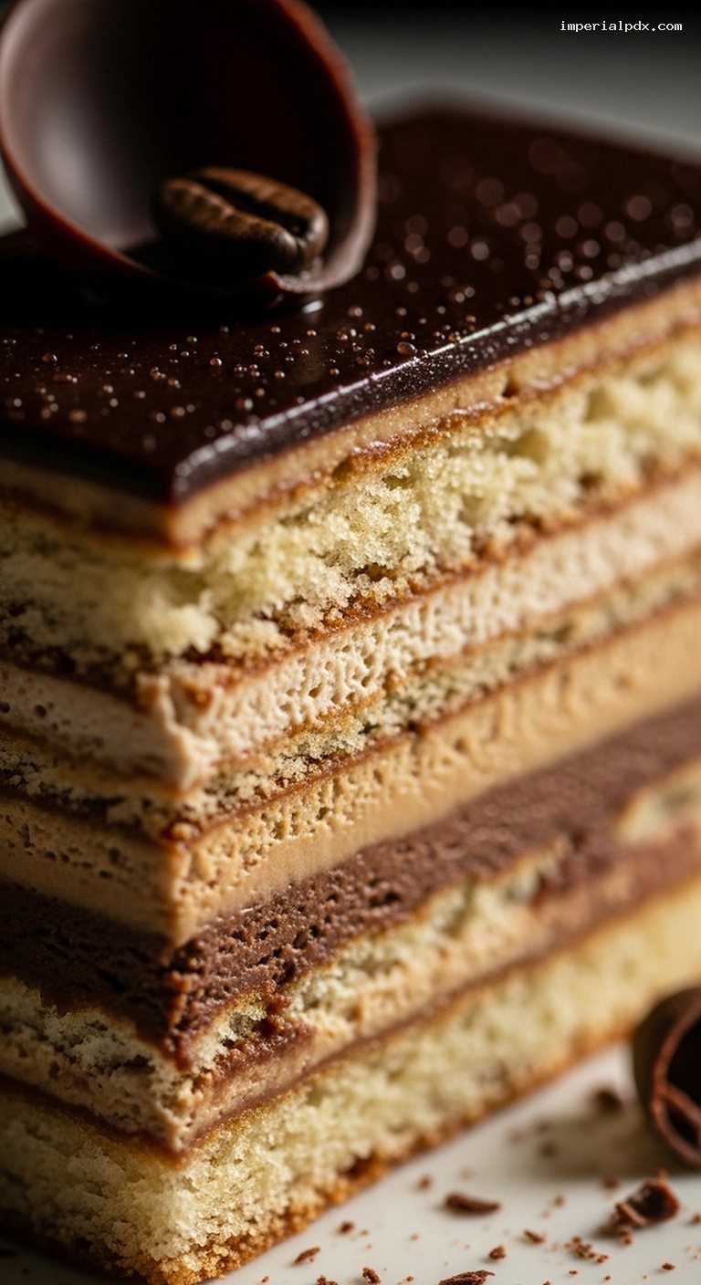 Classic Opera Cake with Coffee Buttercream and Ganache – Closeup