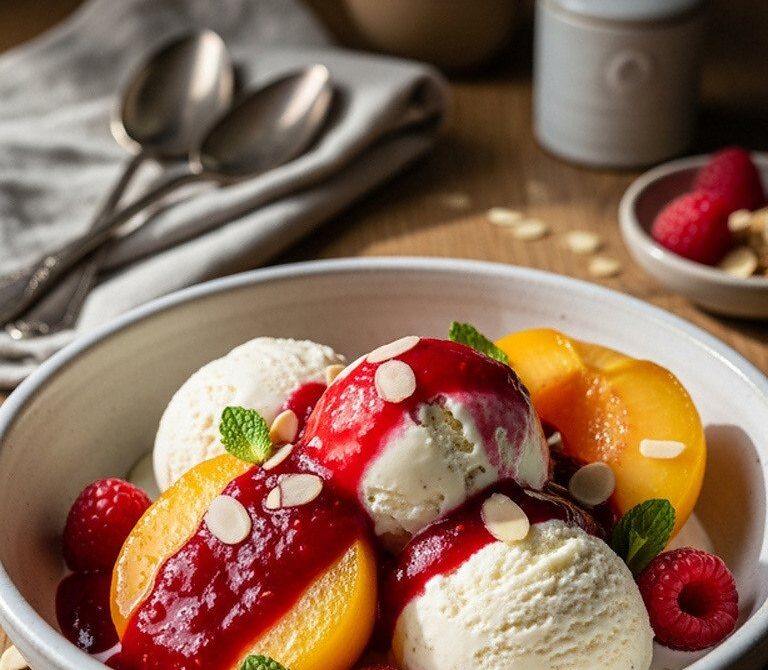 Classic Peach Melba with Poached Peaches and Raspberry Coulis