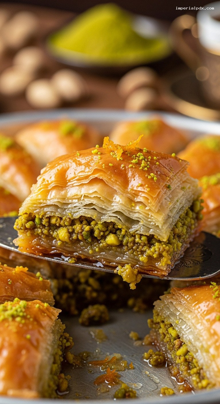 Classic Pistachio Baklava With Orange Blossom and Lemon Syrup – Closeup