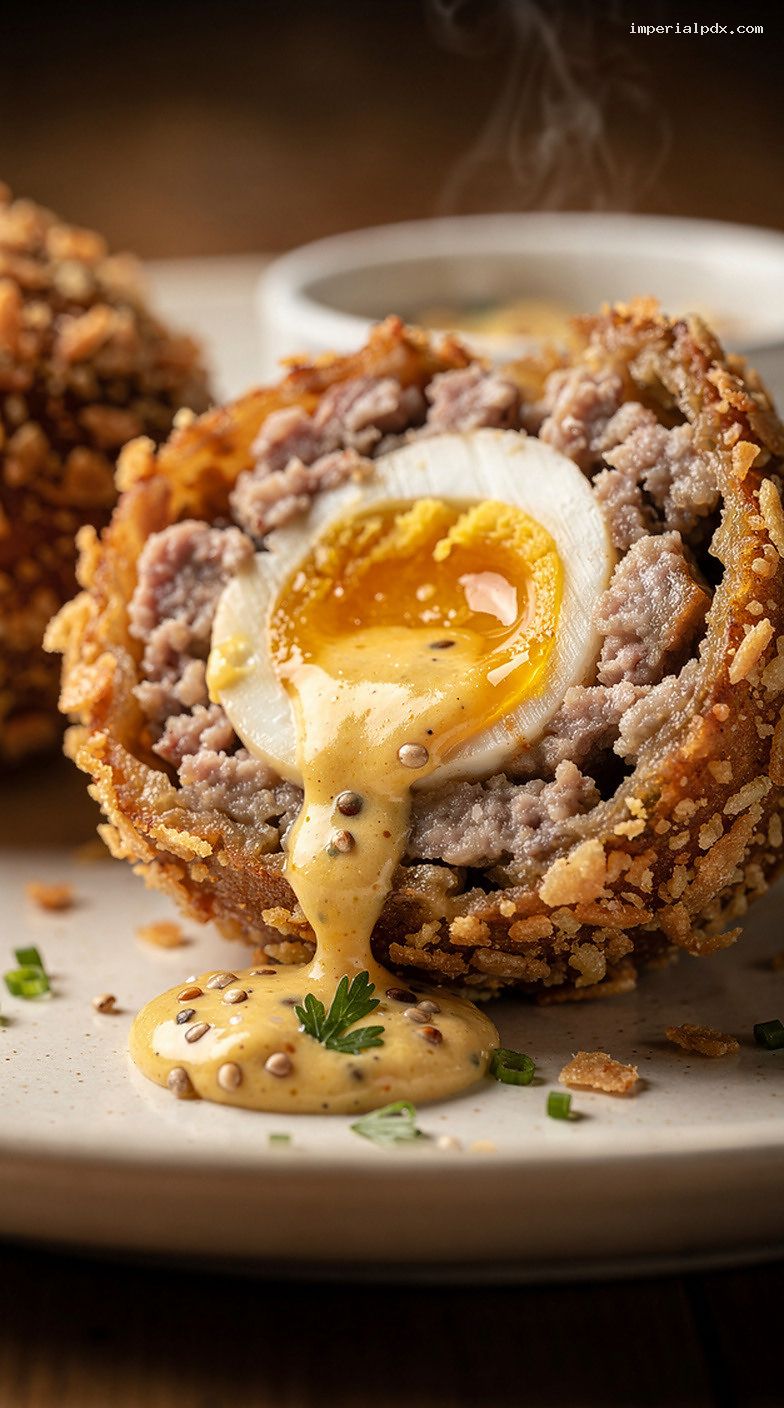 Classic Scotch Eggs With Tangy Mustard Dip – Closeup